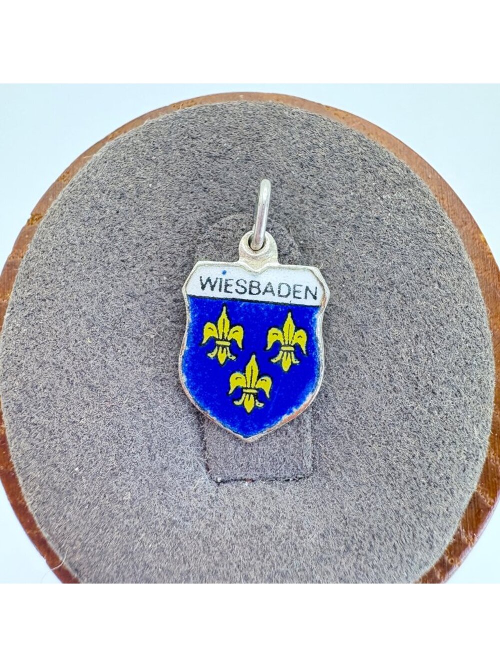 Wiesbaden Blue White Yellow Enamel Shield Charm VTG 800 Silver Size 0.75" Length